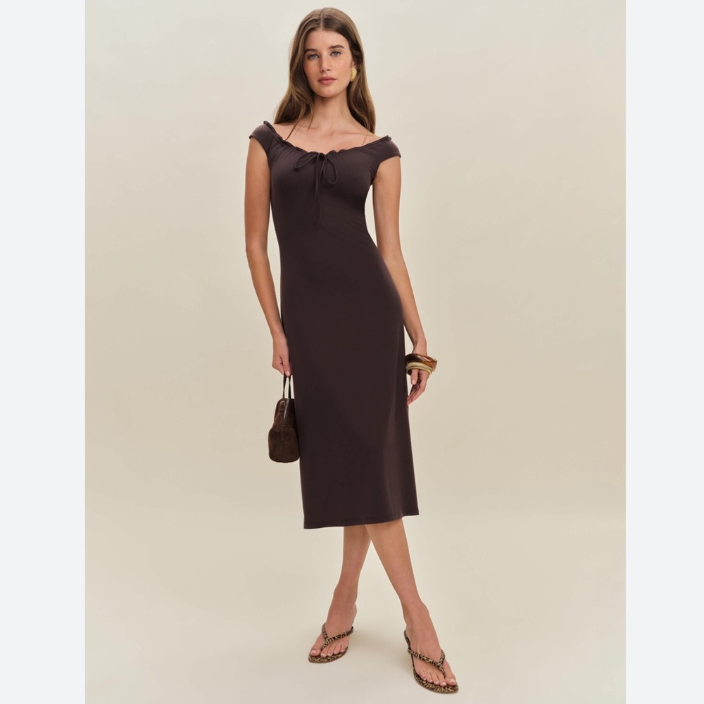 Reformation Brown Off-The-Shoulder Midi Dress M TENCEL™ Lyocell Blend M